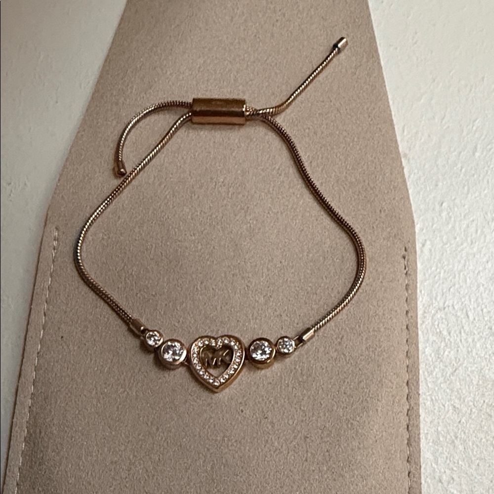 Michael Kors Rose Gold Heart Slider Bracelet with Crystal Accents and MK Charm